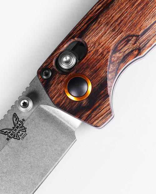 Benchmade Hunt North Fork Folding Knife - 2.97" S30V Stonewashed Drop Point Blade, Dark Brown Stabilized Wood Handles, AXIS Lock - 15032