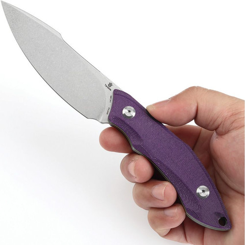 Tenable Knives Luccio Fixed Blade Knife - 3.81" 14C28N Stonewashed Harpoon Blade, Purple G10 Handles with Green Liners - G007A5