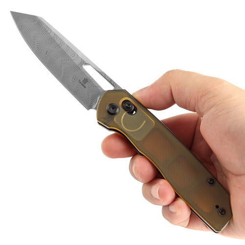 Tenable Knives Shard Crossbar Lock Folding Knife - 3.47" Damascus Reverse Tanto Blade, Amber PEI Handle - T1006V7