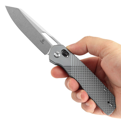 Tenable Knives Shard Crossbar Lock Folding Knife - 3.47" 14C28N Stonewashed Reverse Tanto Blade, Gray Aluminum Diamond Pattern Handle - T1006V4