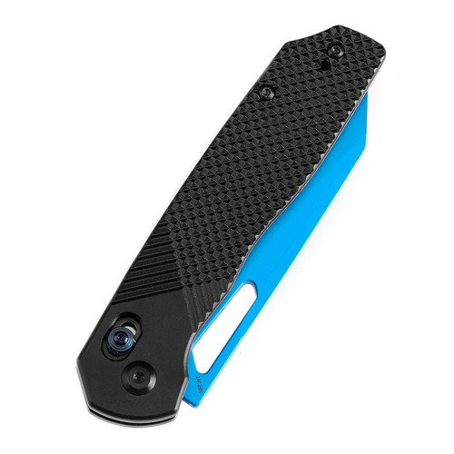 Tenable Knives Shard Crossbar Lock Folding Knife - 3.47" 14C28N Blue Coated Reverse Tanto Blade, Black Aluminum Diamond Pattern Handle - T1006V2