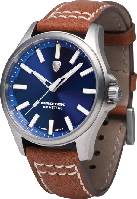 ProTek PT3003 Titanium Field Watch - 40mm Case, Blue Sunburst Dial, Brown Leather Strap
