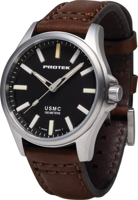 ProTek PT3101 Titanium Field Watch USMC - 40mm Case, Black Dial, Dark Brown Leather Strap