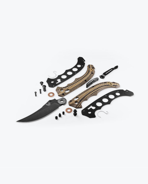 Benchmade 865BK-01 Mini Bedlam AXIS Folding Knife - 3.45" S90V Graphite Black Cerakote Scimitar Blade, Layered Coyote/Black/OD Green G10 Handles Benchmade 865BK-01 Mini Bedlam AXIS Folding Knife - 3.45" S90V Graphite Black Cerakote Scimitar Blade, Layered Coyote/Black/OD Green G10 Handles