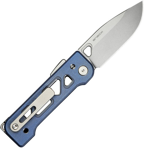 We Knife Snecx Tyro Superlock Folding Knife - 2.91" CPM-20CV Stonewashed Drop Point Blade, Blue Machined Titanium Handles, Reversible Clip - WE24001-4 We Knife Snecx Tyro Superlock Folding Knife - 2.91" CPM-20CV Stonewashed Drop Point Blade, Blue Machined Titanium Handles, Reversible Clip - WE24001-4