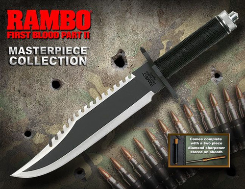 Rambo First Blood Part II Standard Edition Fixed Blade - 10" Stainless Steel Blade, Black Nylon Cord Handle - 9294