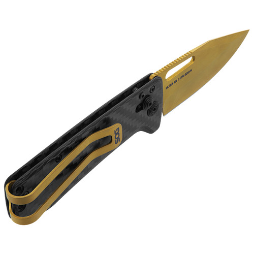 SOG Knives Ultra XR Gold - Ultralight EDC Knife - 2.8" S35VN Gold TiNi Blade, Carbon Fiber Handles, Titanium Money Clip SOG Knives Ultra XR Gold - Ultralight EDC Knife - 2.8" S35VN Gold TiNi Blade, Carbon Fiber Handles, Titanium Money Clip