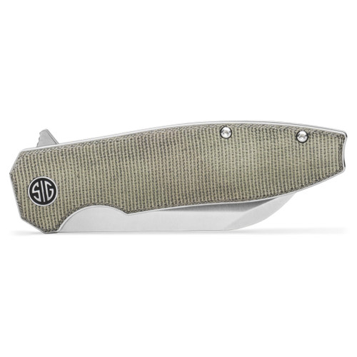 Sig Sauer / Eikonic KARAK Folding Knife - 3.25" Satin Nitro-V Wharncliffe Blade, Olive Green Canvas Micarta Handles Sig Sauer / Eikonic KARAK Folding Knife - 3.25" Satin Nitro-V Wharncliffe Blade, Olive Green Canvas Micarta Handles