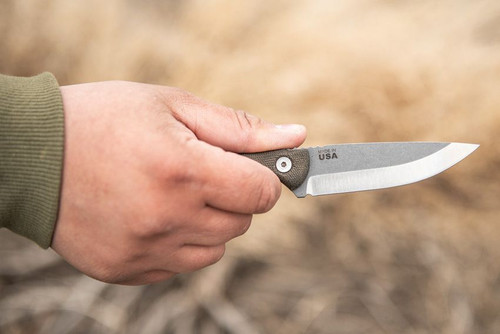 TOPS Knives Scandi Trekker Fixed Blade Knife - 3.625" 1095 Blade, Green Canvas Micarta Handles, Leather Sheath TOPS Knives Scandi Trekker Fixed Blade Knife - 3.625" 1095 Blade, Green Canvas Micarta Handles, Leather Sheath
