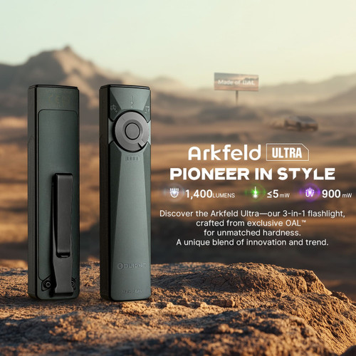 Olight Arkfeld Ultra Rechargeable EDC Flashlight LED Light, UV, and Green Laser - 1400 Max Lumens, Neutral White Light, Olive Gray Finish Olight Arkfeld Ultra Rechargeable EDC Flashlight LED Light, UV, and Green Laser - 1400 Max Lumens, Neutral White Light, Olive Gray Finish