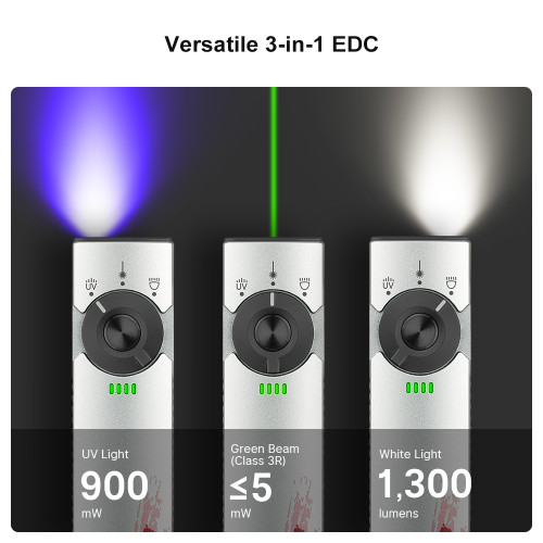 Olight Arkfeld Pro Stars and Stripes Rechargeable EDC Flashlight LED Light, UV, and Laser - 1300 Max Lumens, Cool White Light, Green Laser