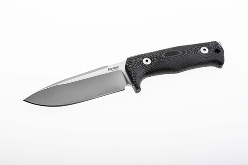 lionSTEEL T5 Fixed Blade - 5.04" Niolox Drop Point Satin Blade, Black Canvas Handles, Black Leather Sheath