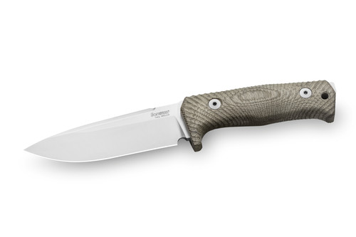 lionSTEEL T5 Fixed Blade - 5.04" Niolox Drop Point Satin Blade, Green Canvas Handles, Black Leather Sheath