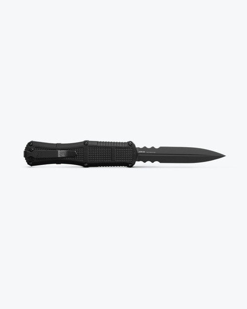 Benchmade 3370SGY Claymore OTF AUTO Knife - 3.89" CPM-D2 Smoke Gray PVD Double Edge Partially Serrated Dagger Blade, Black Grivory Handles