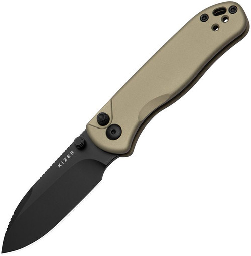 Kizer Knives Drop Bear 2 Button Lock Folding Knife - 2.92" Nitro-V Matte Black DLC Drop Point Blade, Tan Aluminum Handles, Reversible Clip - V3619.2CD1 Kizer Knives Drop Bear 2 Button Lock Folding Knife - 2.92" Nitro-V Matte Black DLC Drop Point Blade, Tan Aluminum Handles, Reversible Clip - V3619.2CD1