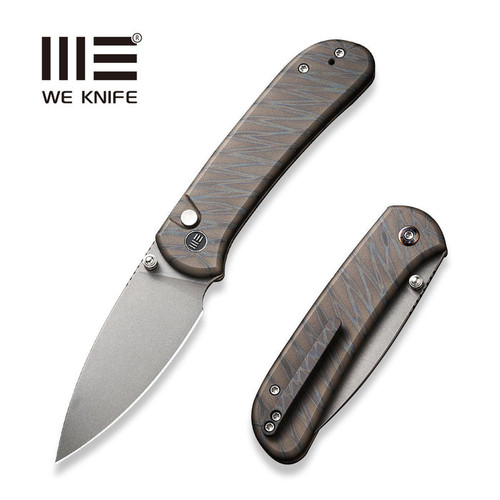 We Knife Qubit Button Lock Folding Knife - 3.2" CPM-20CV Stonewashed Drop Point Blade, Tiger Stripe Flamed Titanium Handles - WE22030F-4