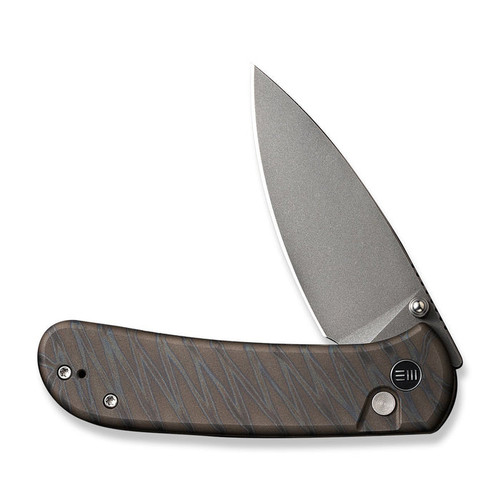 We Knife Qubit Button Lock Folding Knife - 3.2" CPM-20CV Stonewashed Drop Point Blade, Tiger Stripe Flamed Titanium Handles - WE22030F-4