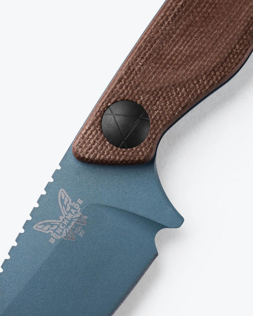 Benchmade Dacian Pocket Fixed Blade Knife - 3.54" CPM-MagnaCut Blue Cerakote Drop Point Blade, Brown Canvas Micarta Handles, Leather Sheath - 203BT-03
