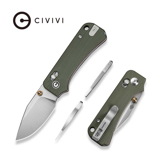 CIVIVI Knives C24074-1 Baby Banter 2 TG Crossbar Lock Folding Knife - 2.34" 14C28N Satin Clip Point Blade, Milled Green G10 Handles with Red Liners
