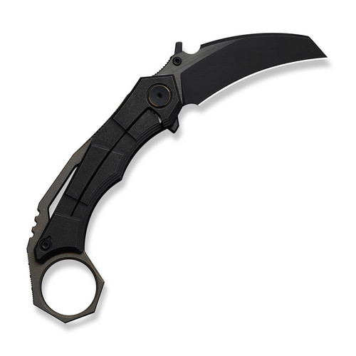 WE Knife Co Tayra Frame Lock Flipper Knife - 2.19" M390 Black Two-Tone Hawkbill Blade, Black Titanium Handles with Pinky Ring, Reversible Clip - WE24069-1 WE Knife Co Tayra Frame Lock Flipper Knife - 2.19" M390 Black Two-Tone Hawkbill Blade, Black Titanium Handles with Pinky Ring, Reversible Clip - WE24069-1