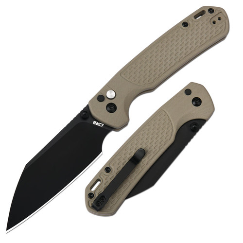 CJRB Cutlery Pyrite-Light Button Lock Folding Knife - 3.34" AR-SFII Steel Black Wharncliffe Blade, Brown FRN Handles - J1945-BBN