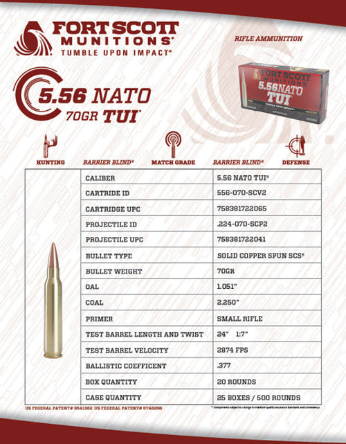 Fort Scott Munitions 556-070-SCV2 Tumble Upon Impact (TUI) 5.56x45mm NATO 70 gr Solid Copper Spun - 20 rounds per Box
