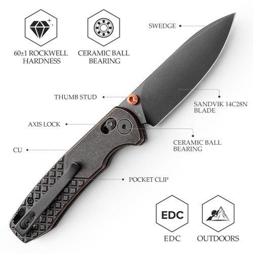 Travisa Dragonfly-Cu Axis Lock EDC Folding Pocket Knife - 2.99'' 14C28N Steel Stonewashed Blade, Copper Handle