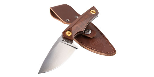 WOOX Bad Boy Fixed Blade Knife - 2.75" D2 Steel Drop Point Blade, American Walnut Handle, Brown Leather Sheath