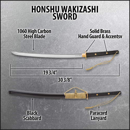 United Cutlery Honshu Tactical Wakizashi Sword - 19.75" 1060 High-Carbon Steel Blade, Black Synthetic Textured Handle, Brass Guard and Accents