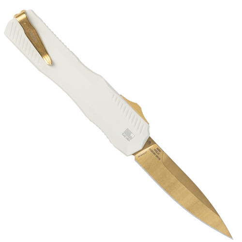 Kershaw Exclusive Livewire OTF AUTO Knife - 3.3" CPM-Magnacut Spear Point Gold Blade, Pope White Aluminum Handles, Reversible Clip - 9000WGLD