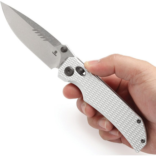Tenable Knives Eaglestrike Crossbar Lock Folding Knife - 3.73" Nitro-V Stonewashed Drop Point Blade, Silver Anodized Aluminum Handles - T1095V4
