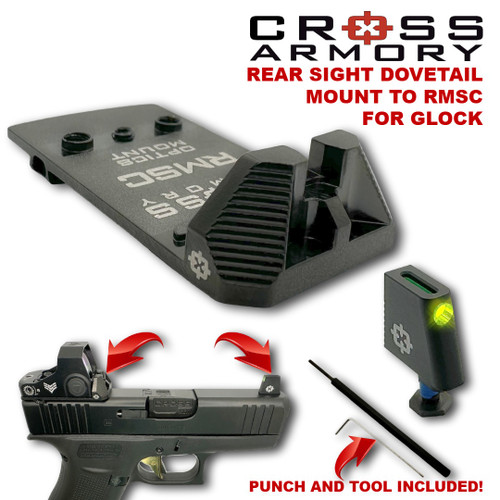 Cross Armory Rear Sight Dove Tail to RMSc Mount Adapter for Glock with Front & Rear Sights and Install Tools