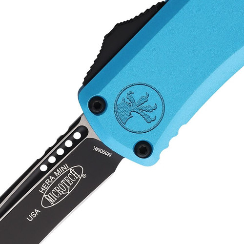 Microtech Auto Hera II Mini OTF - 2.95" M390MK Two-Tone Recurve Plain Blade, Blue Aluminum Handles