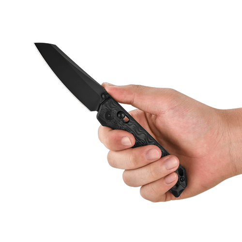 Oknife XEN Rail Lock Pocket Folding Knife - 3.13" Black DLC S45VN Sheepsfoot Blade, Damascus Pattern Carbon Fiber Handle