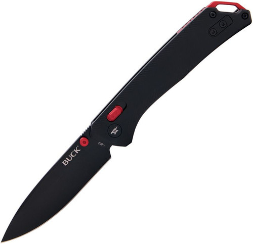 Buck 700 Nomad Crossbar Lock Folding Knife - 3.25" D2 Black Drop Point Blade, Black Anodized Aluminum Handles, Red Accents - 14420