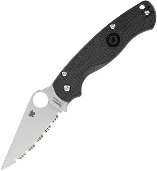 Spyderco Paramilitary 2 Lightweight Folding Knife - 3.47" CTS-BD1N Satin Serrated Blade, Black FRN Handles, Reversible Wire Clip, Compression Lock - SC81SBK2