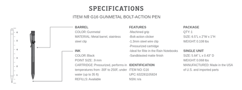 Rite in the Rain Bolt-Action Pen - All-Weather Readiness, Bolt Action Clicker, Stonewash Gray