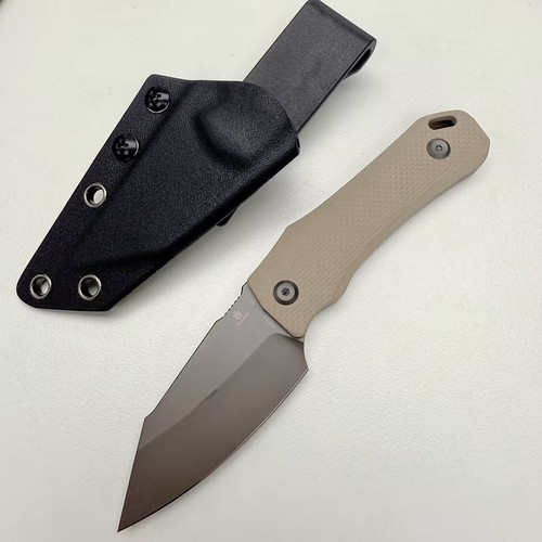 Tenable Knives Loki EDC Fixed Blade Knife - 2.99" Gray TiCn Coated D2 Wharncliffe Blade, Light Sand G10 Handles, Black Kydex Sheath