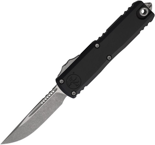 Microtech 12314-10AP UTX-85 OTF Knife - 3.125" Bohler M390MK Apocalyptic Finish Drop Point Blade, Black Handles