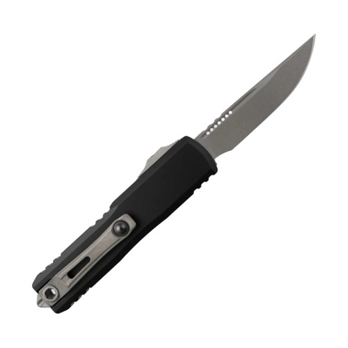 Microtech 12314-10AP UTX-85 OTF Knife - 3.125" Bohler M390MK Apocalyptic Finish Drop Point Blade, Black Handles