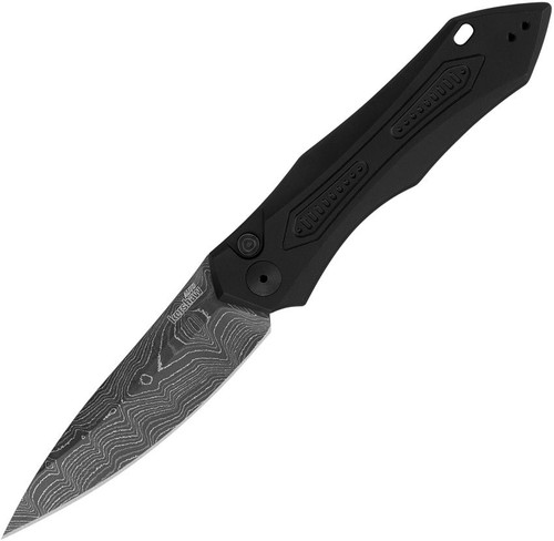 Kershaw Launch 6 Damascus 7800BLKDAM | Black Aluminum Handle with Damascus Blade, Button Lock Automatic Knife