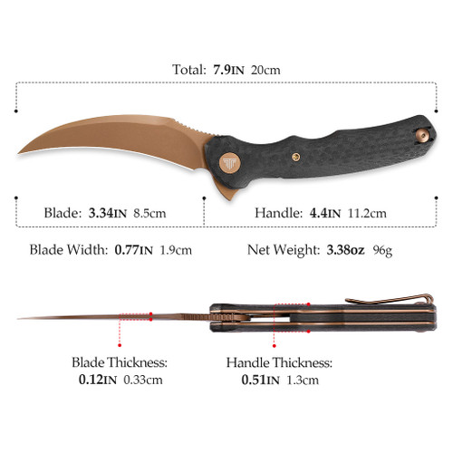 TRIVISA Lacerta Liner Lock Folding Knife 3.34" 14C28N Hawkbill Blade Carbon Fiber/G10 Handles - TY19-CG-14