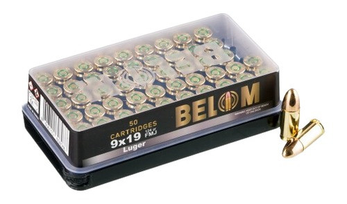 Belom 9mm Luger Ammo 124 Grain FMJ Brass Case - 50 Rounds per Box