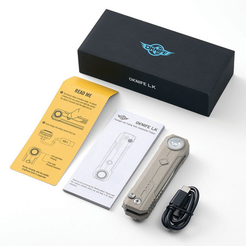 OKNIFE LK Folding Pocket Knife with Flashlight LK MAO DESERT WHITE - 2.48" Blade, Bohler M390 Steel, MAO Desert White Aluminum Handle