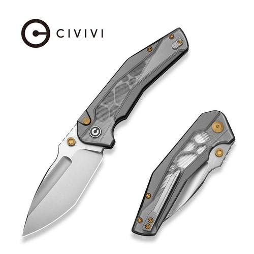 Civivi Wellmax Button Lock Folder 3.6" 14C28N Satin Spear Point Blade Gray Aluminum Handle Clear Lexan Inlay - C24008C-1