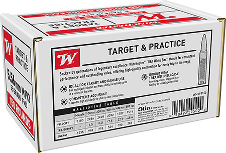 Winchester USA 5.56x45mm NATO M193 Ammunition 55 Grain Full Metal Jacket Value Pack WM193150 - 150 Rounds per Box