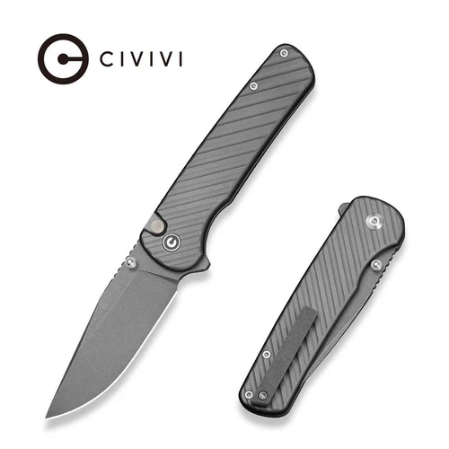 CIVIVI Iron Tide 3.24" Sandvik 14C28N Gray Stonewash Blade Gray Aluminum Handle Button Lock Knife - C25011-3