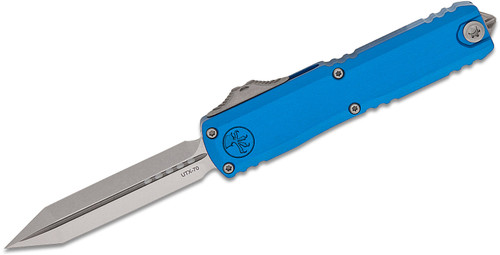 Microtech UTX-70 Gen IV OTF 2.5" M390MK Stonewash Double Edge Spartan Blade Blue Aluminum Handle Auto - 12494-10BL