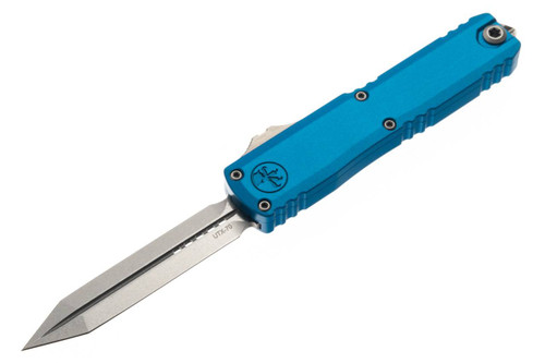 Microtech UTX-70 Gen IV OTF 2.5" M390MK Stonewash Double Edge Spartan Blade Blue Aluminum Handle Auto - 12494-10BL