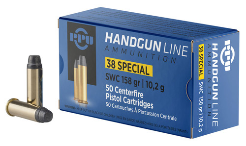 PPU PPH38SS Handgun 38 Special Ammo 158 Grain Semi-Wadcutter (SWC) - 50 Round Box